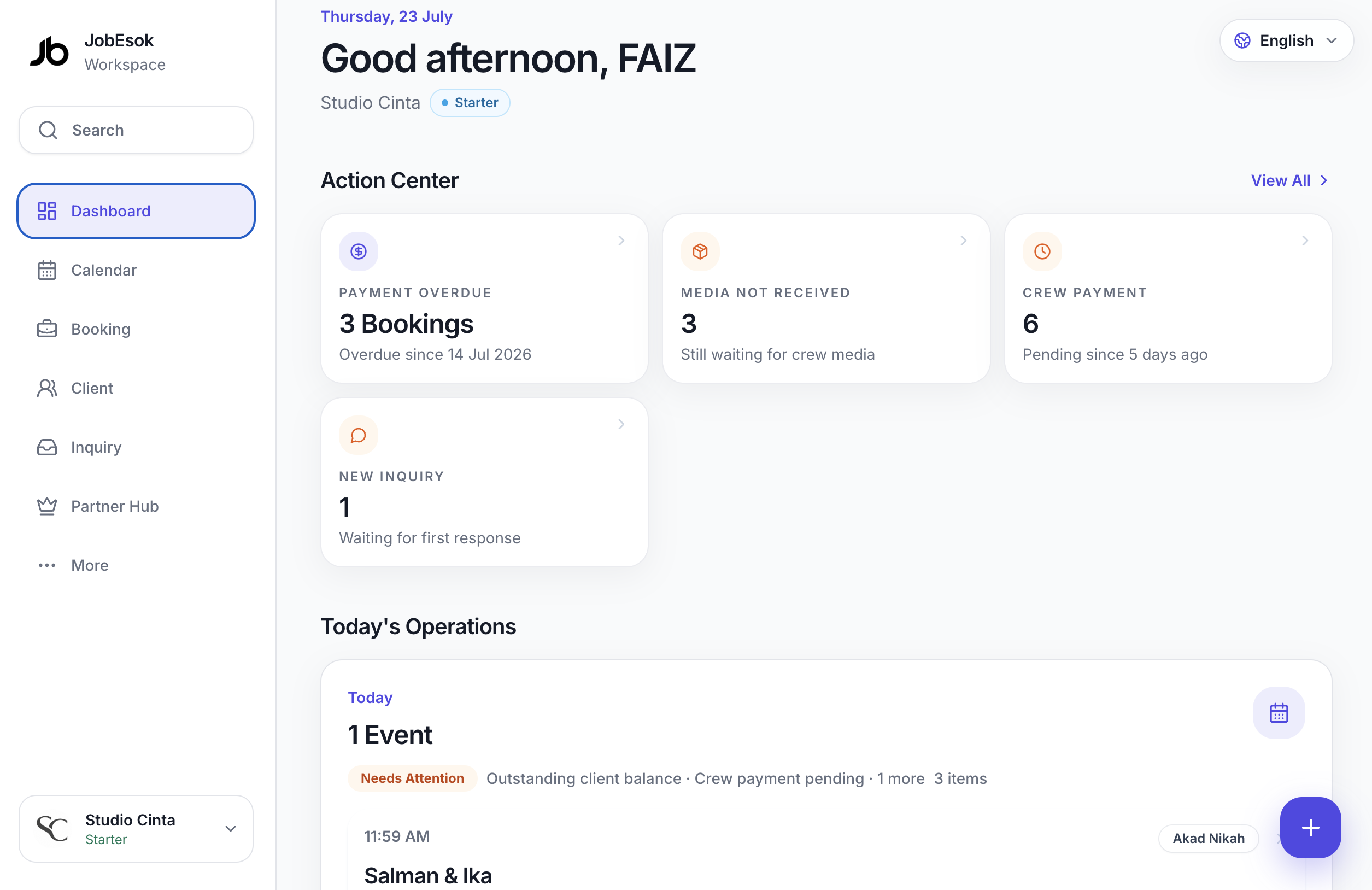 JobEsok workspace dashboard showing its action center and today's studio operations
